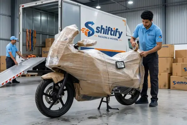 Shiftify mover securing protective wrapping around a motorcycle for transport